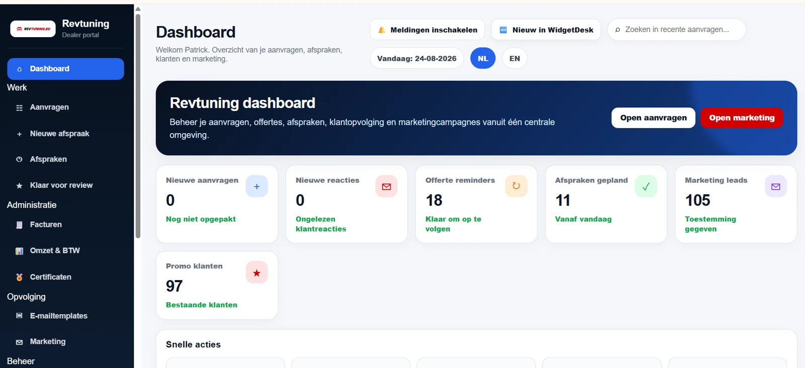 WidgetDesk dealer dashboard met aanvragen, afspraken, opvolging en administratie
